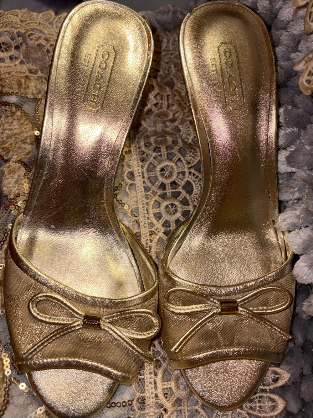 Coach Metallic Gold Open-Toe Bow Mules